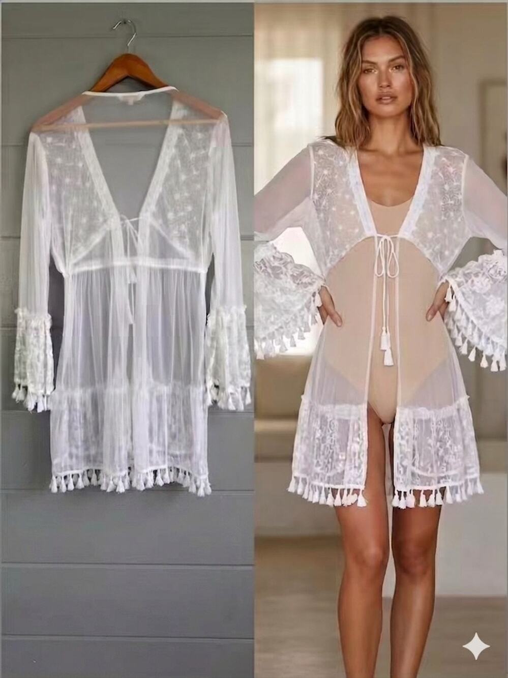 Crescent Bay White Lace Boho Kimono Festival Beach Cover Up Robe Size Small